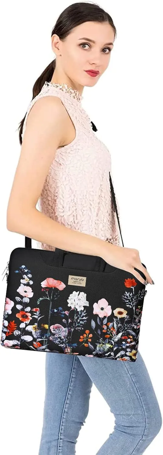 MOSISO Laptop Shoulder Bag Compatible with MacBook Air 15 inch M2 A2941 2023/Pro 16 2023-2019 M3 A2991 M2 A2780 M1 A2485 A2141,15-15.6 inch Notebook, Garden Flowers Briefcase with Belt, Black