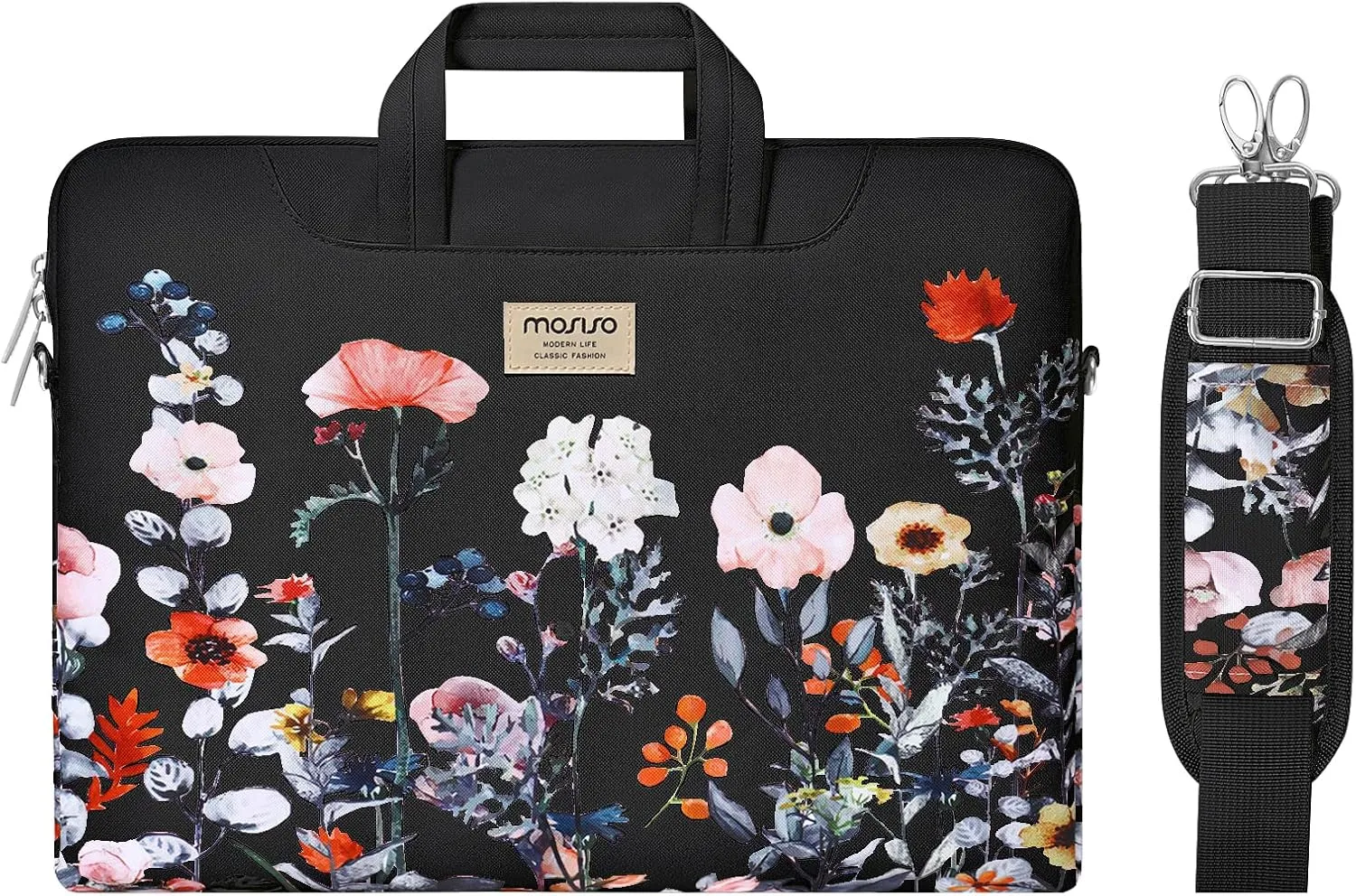 MOSISO Laptop Shoulder Bag Compatible with MacBook Air 15 inch M2 A2941 2023/Pro 16 2023-2019 M3 A2991 M2 A2780 M1 A2485 A2141,15-15.6 inch Notebook, Garden Flowers Briefcase with Belt, Black