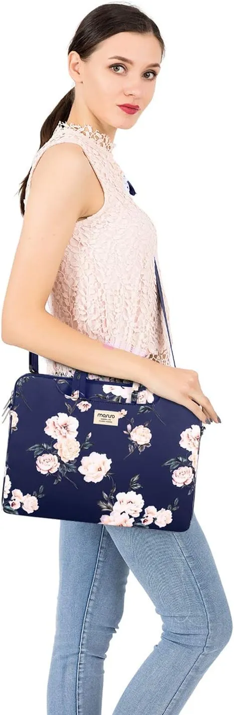 MOSISO Laptop Shoulder Bag Compatible with MacBook Air 15 inch M3 M2/Pro 16 M4 M3 M2 M1 2025-2019,15-15.6 inch Notebook, Camellia Carrying Sleeve with Belt, Blue