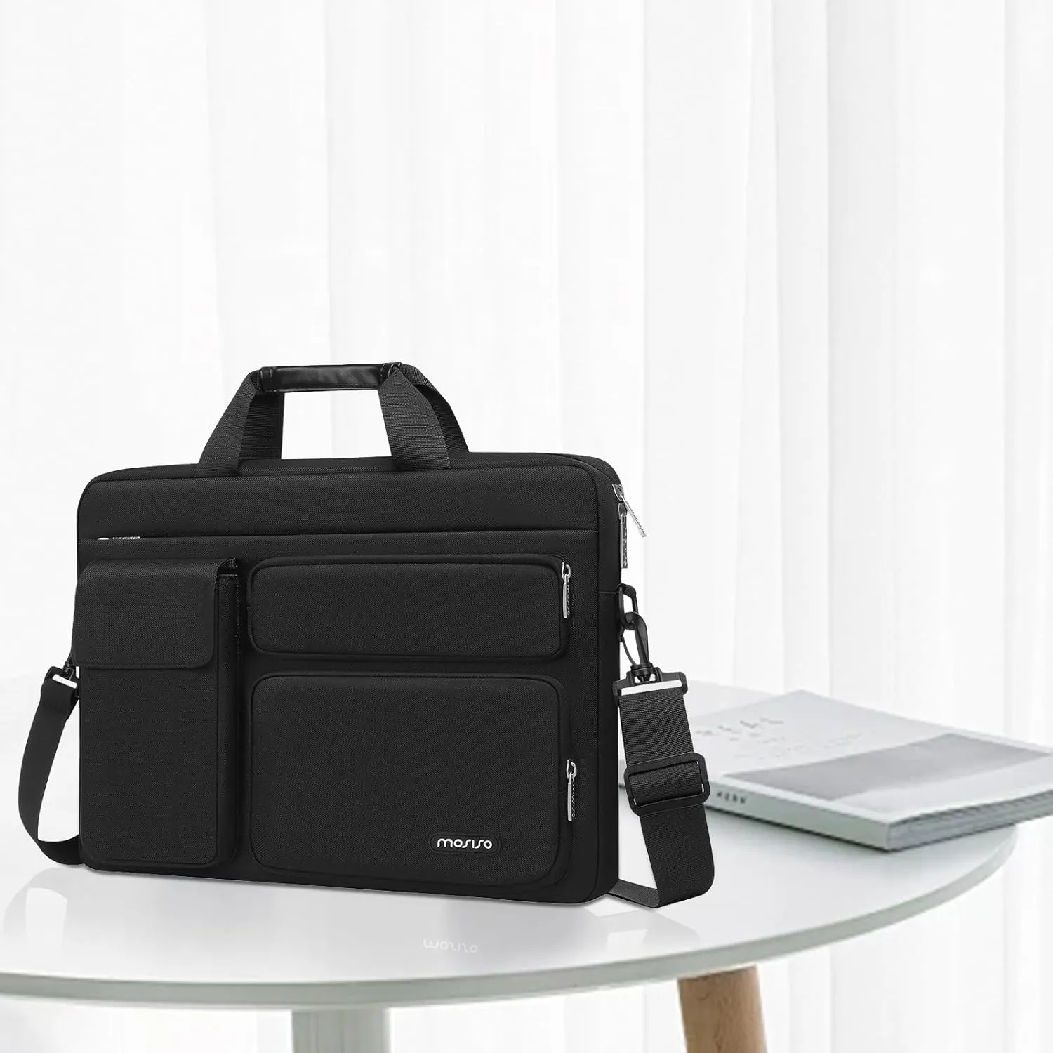 MOSISO Laptop Shoulder Bag Compatible with MacBook Air 15 M4 M3 M2/Pro 16 inch M4 M3 M2 M1,15-15.6 inch Notebook with 2 Raised&1 Flapover&1 Horizontal Pocket&Handle&Belt, Black