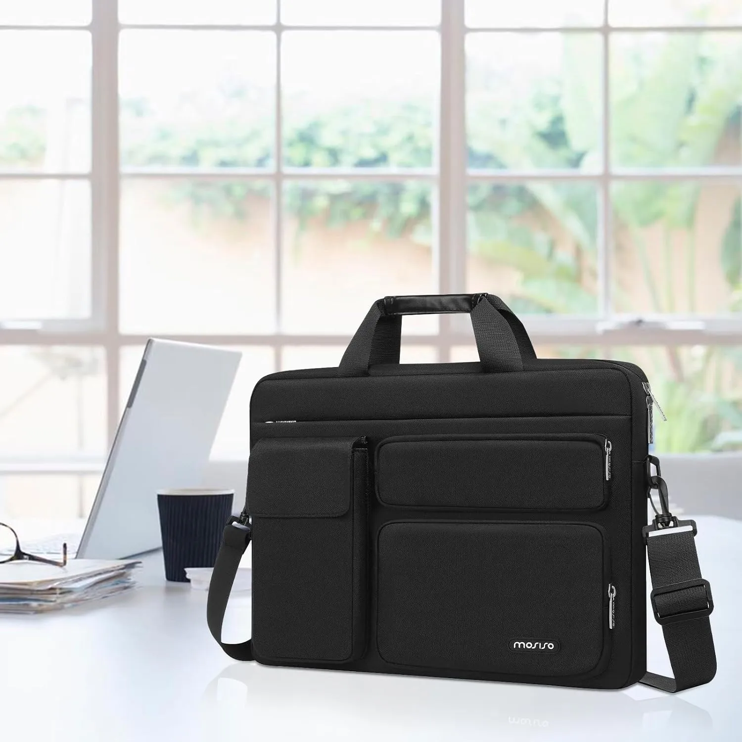 MOSISO Laptop Shoulder Bag Compatible with MacBook Air 15 M4 M3 M2/Pro 16 inch M4 M3 M2 M1,15-15.6 inch Notebook with 2 Raised&1 Flapover&1 Horizontal Pocket&Handle&Belt, Black
