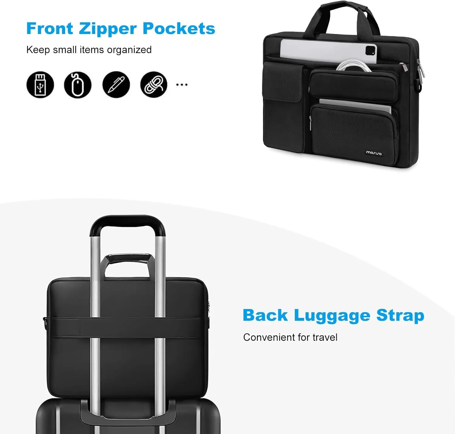 MOSISO Laptop Shoulder Bag Compatible with MacBook Air 15 M4 M3 M2/Pro 16 inch M4 M3 M2 M1,15-15.6 inch Notebook with 2 Raised&1 Flapover&1 Horizontal Pocket&Handle&Belt, Black