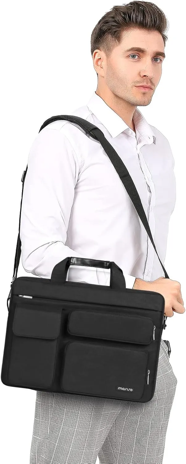 MOSISO Laptop Shoulder Bag Compatible with MacBook Air 15 M4 M3 M2/Pro 16 inch M4 M3 M2 M1,15-15.6 inch Notebook with 2 Raised&1 Flapover&1 Horizontal Pocket&Handle&Belt, Black
