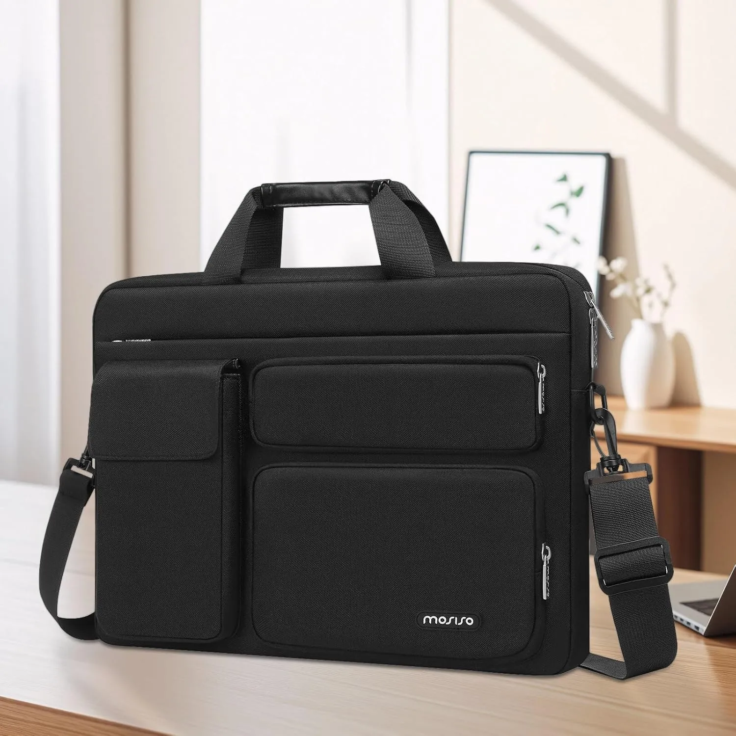 MOSISO Laptop Shoulder Bag Compatible with MacBook Air 15 M4 M3 M2/Pro 16 inch M4 M3 M2 M1,15-15.6 inch Notebook with 2 Raised&1 Flapover&1 Horizontal Pocket&Handle&Belt, Black