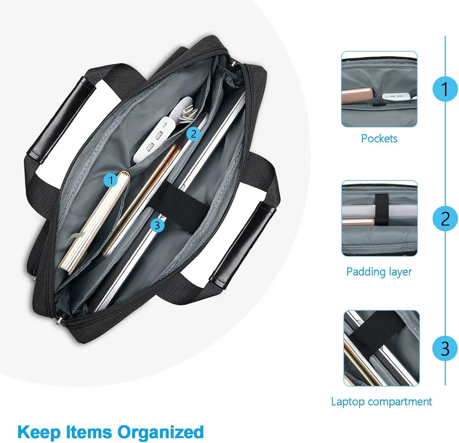 MOSISO Laptop Shoulder Bag Compatible with MacBook Air 15 M4 M3 M2/Pro 16 inch M4 M3 M2 M1,15-15.6 inch Notebook with 2 Raised&1 Flapover&1 Horizontal Pocket&Handle&Belt, Black