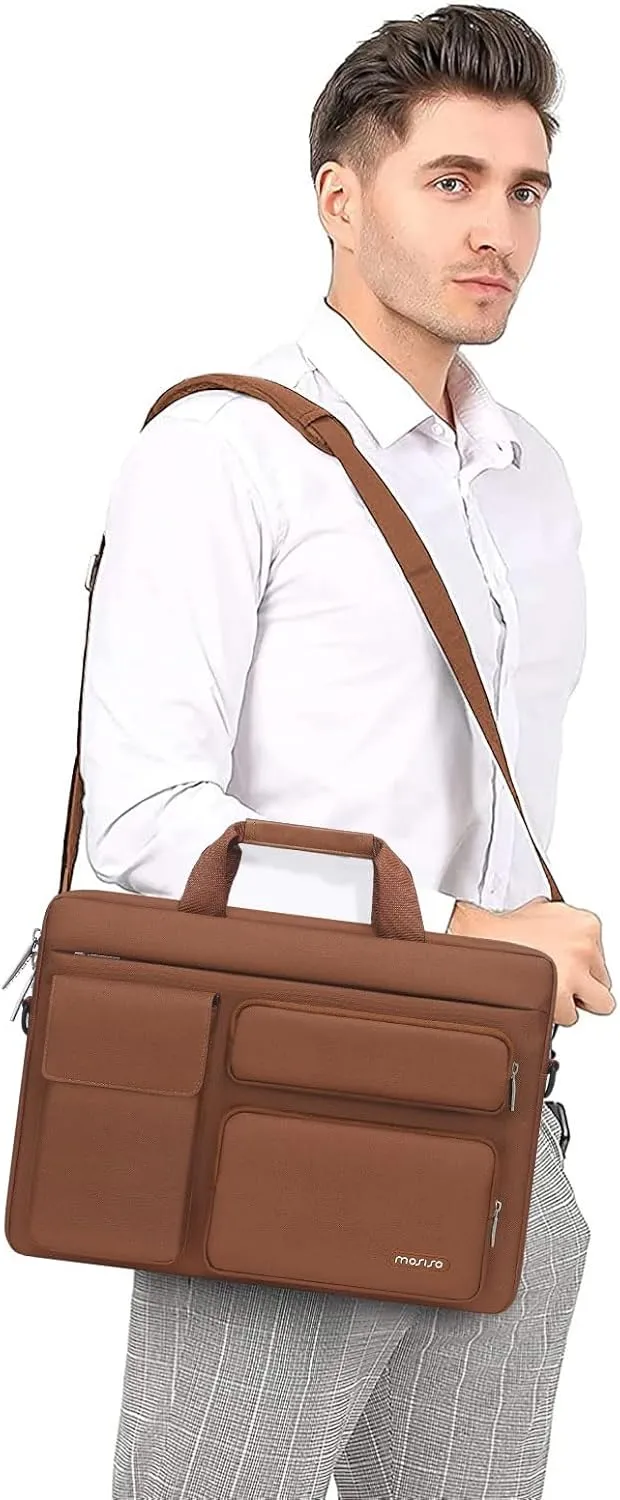 MOSISO Laptop Shoulder Bag Compatible with MacBook Air 15 M4 M3 M2/Pro 16 inch M4 M3 M2 M1,15-15.6 inch Notebook with 2 Raised&1 Flapover&1 Horizontal Pocket&Handle&Belt, Caramel Brown