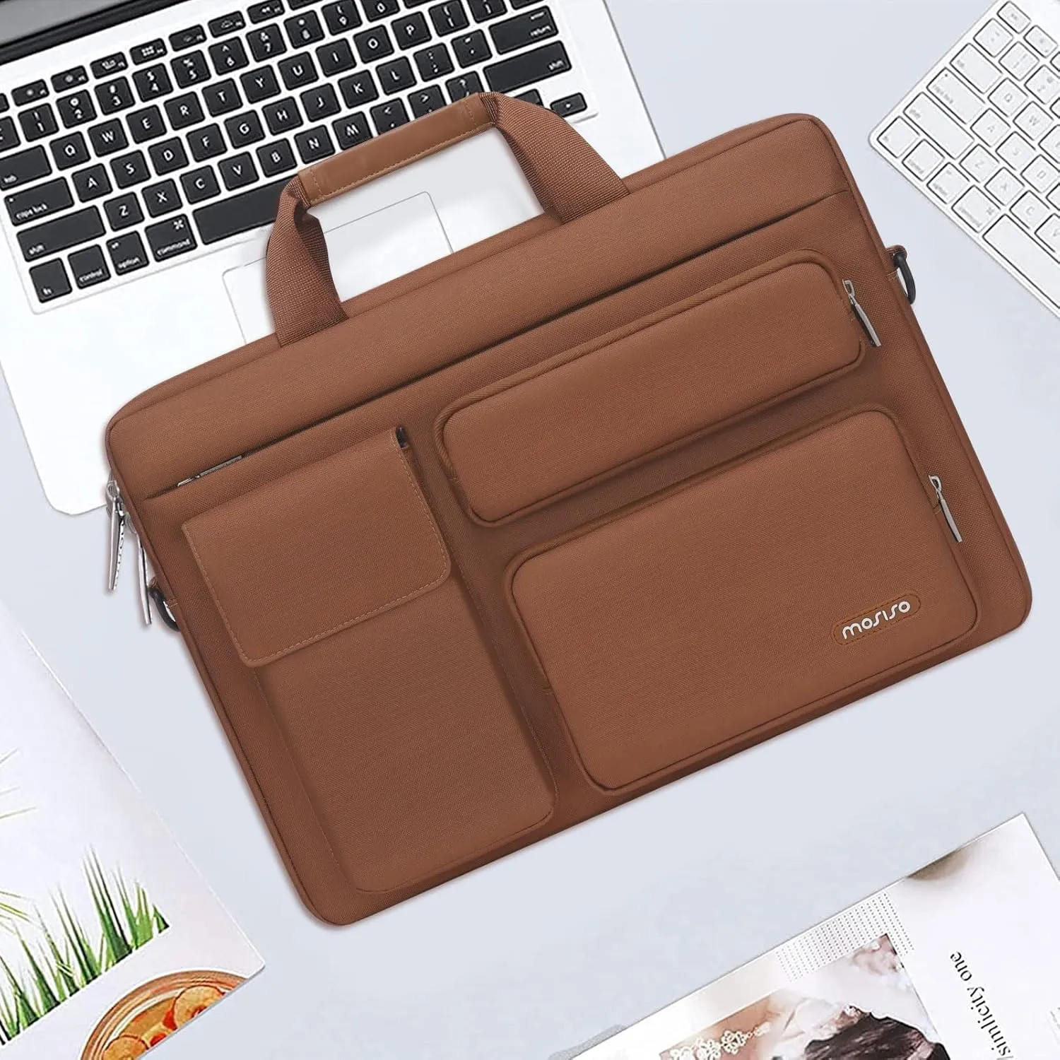 MOSISO Laptop Shoulder Bag Compatible with MacBook Air 15 M4 M3 M2/Pro 16 inch M4 M3 M2 M1,15-15.6 inch Notebook with 2 Raised&1 Flapover&1 Horizontal Pocket&Handle&Belt, Caramel Brown