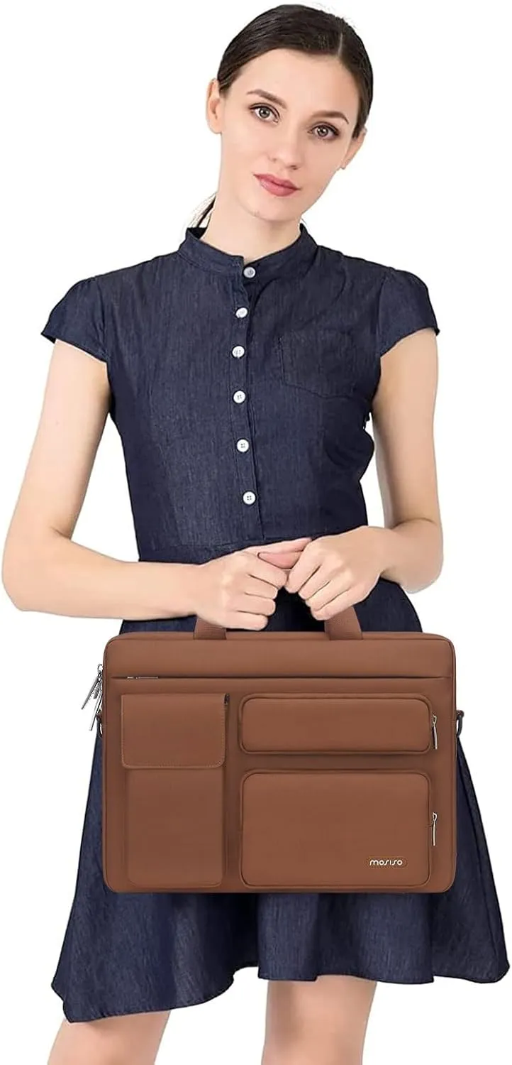 MOSISO Laptop Shoulder Bag Compatible with MacBook Air 15 M4 M3 M2/Pro 16 inch M4 M3 M2 M1,15-15.6 inch Notebook with 2 Raised&1 Flapover&1 Horizontal Pocket&Handle&Belt, Caramel Brown