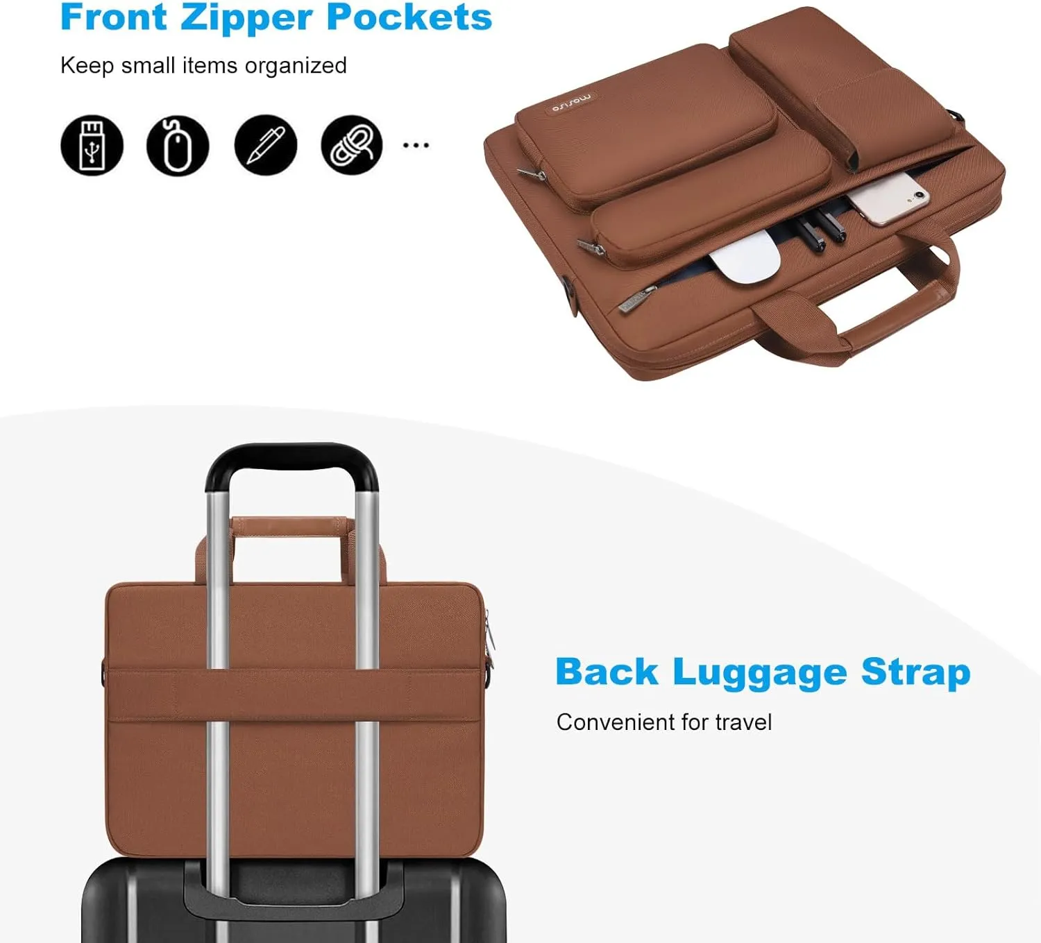 MOSISO Laptop Shoulder Bag Compatible with MacBook Air 15 M4 M3 M2/Pro 16 inch M4 M3 M2 M1,15-15.6 inch Notebook with 2 Raised&1 Flapover&1 Horizontal Pocket&Handle&Belt, Caramel Brown