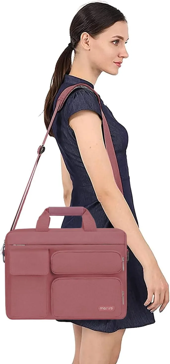MOSISO Laptop Shoulder Bag Compatible with MacBook Air 15 M4 M3 M2/Pro 16 inch M4 M3 M2 M1,15-15.6 inch Notebook with 2 Raised&1 Flapover&1 Horizontal Pocket&Handle&Belt, Dusty Rose