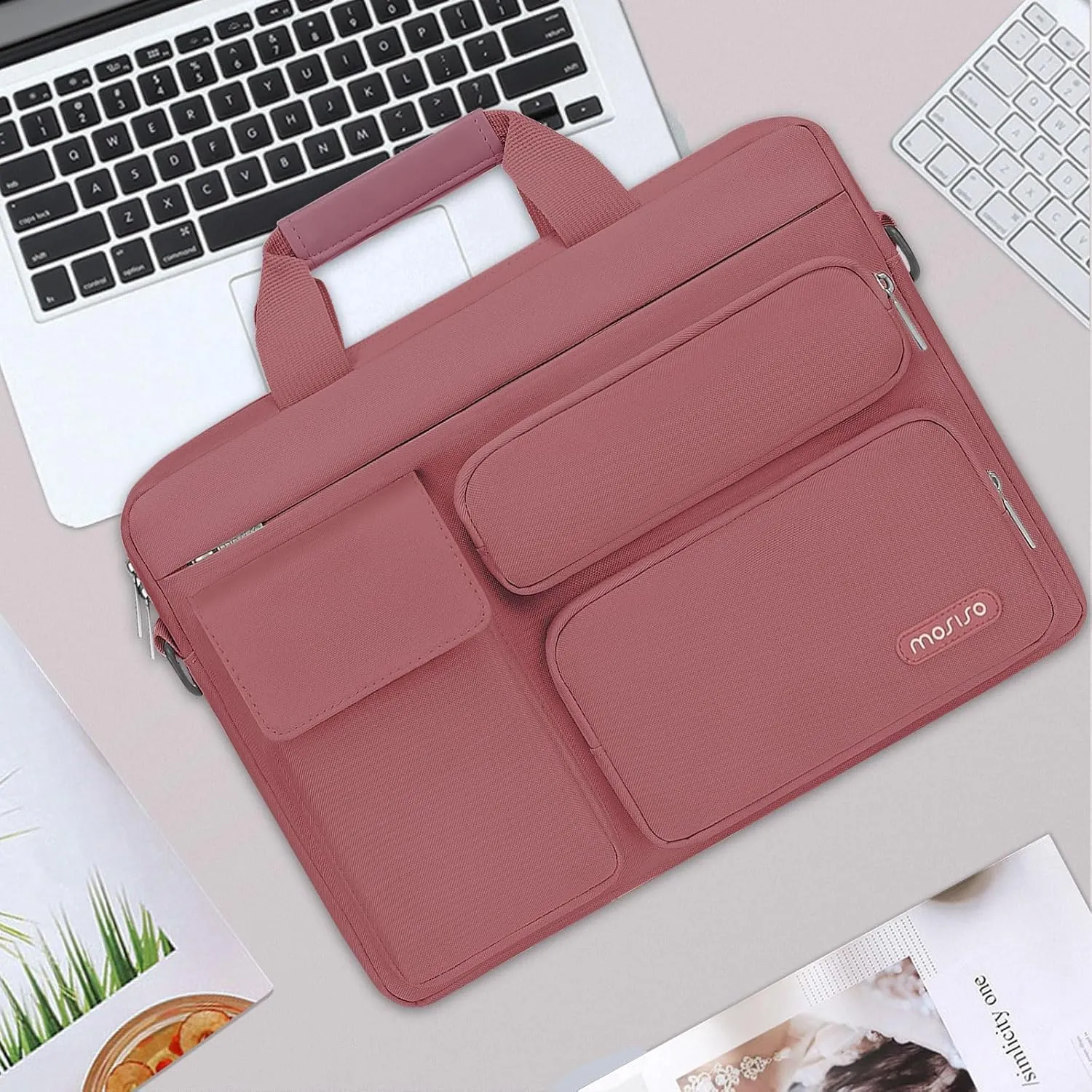 MOSISO Laptop Shoulder Bag Compatible with MacBook Air 15 M4 M3 M2/Pro 16 inch M4 M3 M2 M1,15-15.6 inch Notebook with 2 Raised&1 Flapover&1 Horizontal Pocket&Handle&Belt, Dusty Rose