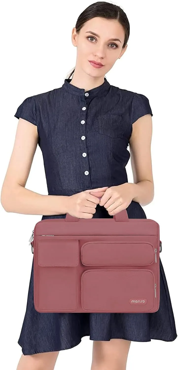 MOSISO Laptop Shoulder Bag Compatible with MacBook Air 15 M4 M3 M2/Pro 16 inch M4 M3 M2 M1,15-15.6 inch Notebook with 2 Raised&1 Flapover&1 Horizontal Pocket&Handle&Belt, Dusty Rose