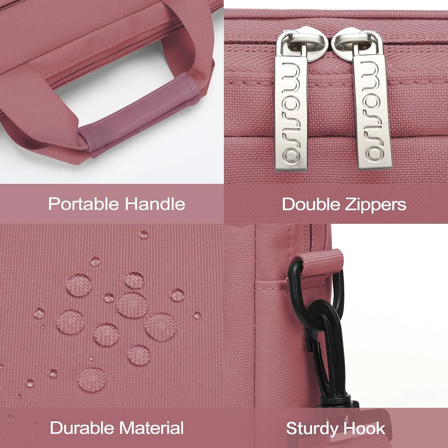 MOSISO Laptop Shoulder Bag Compatible with MacBook Air 15 M4 M3 M2/Pro 16 inch M4 M3 M2 M1,15-15.6 inch Notebook with 2 Raised&1 Flapover&1 Horizontal Pocket&Handle&Belt, Dusty Rose