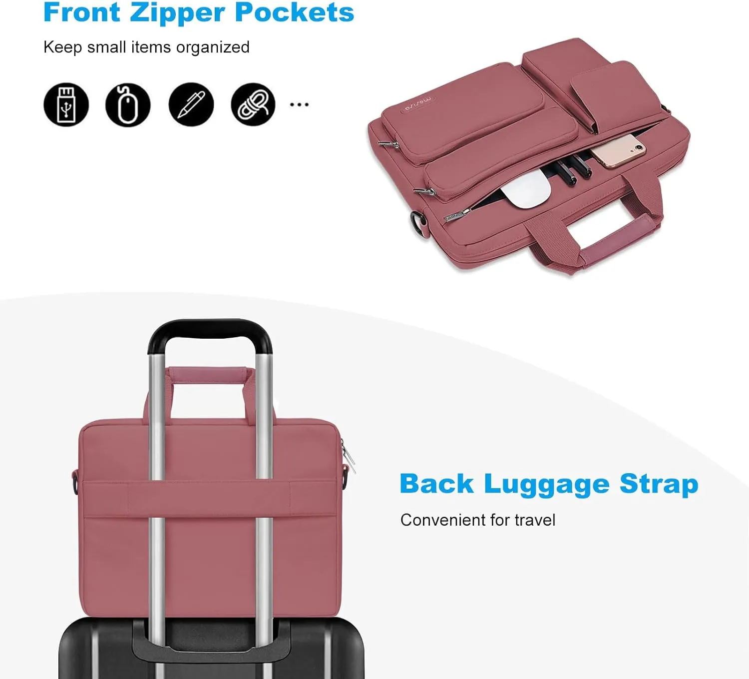 MOSISO Laptop Shoulder Bag Compatible with MacBook Air 15 M4 M3 M2/Pro 16 inch M4 M3 M2 M1,15-15.6 inch Notebook with 2 Raised&1 Flapover&1 Horizontal Pocket&Handle&Belt, Dusty Rose