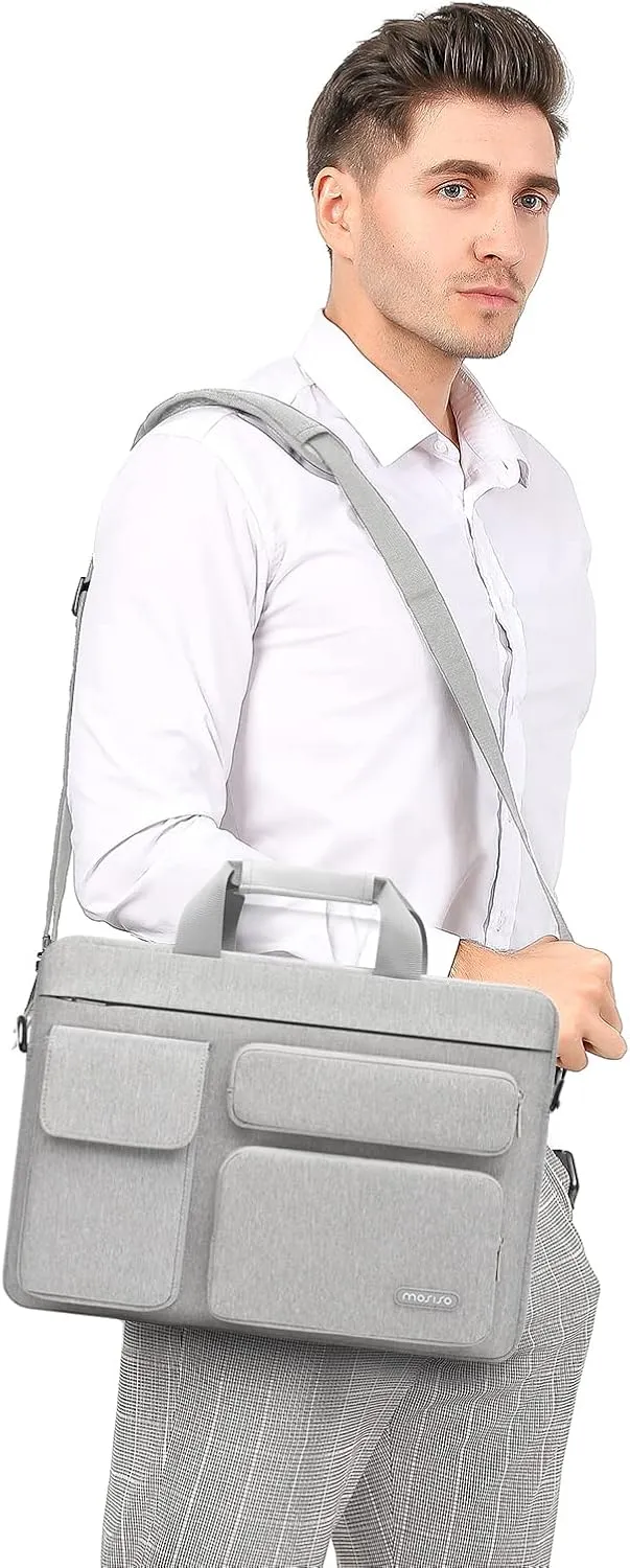 MOSISO Laptop Shoulder Bag Compatible with MacBook Air 15 M4 M3 M2/Pro 16 inch M4 M3 M2 M1,15-15.6 inch Notebook with 2 Raised&1 Flapover&1 Horizontal Pocket&Handle&Belt, Gray