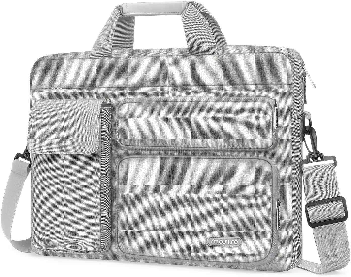 MOSISO Laptop Shoulder Bag Compatible with MacBook Air 15 M4 M3 M2/Pro 16 inch M4 M3 M2 M1,15-15.6 inch Notebook with 2 Raised&1 Flapover&1 Horizontal Pocket&Handle&Belt, Gray