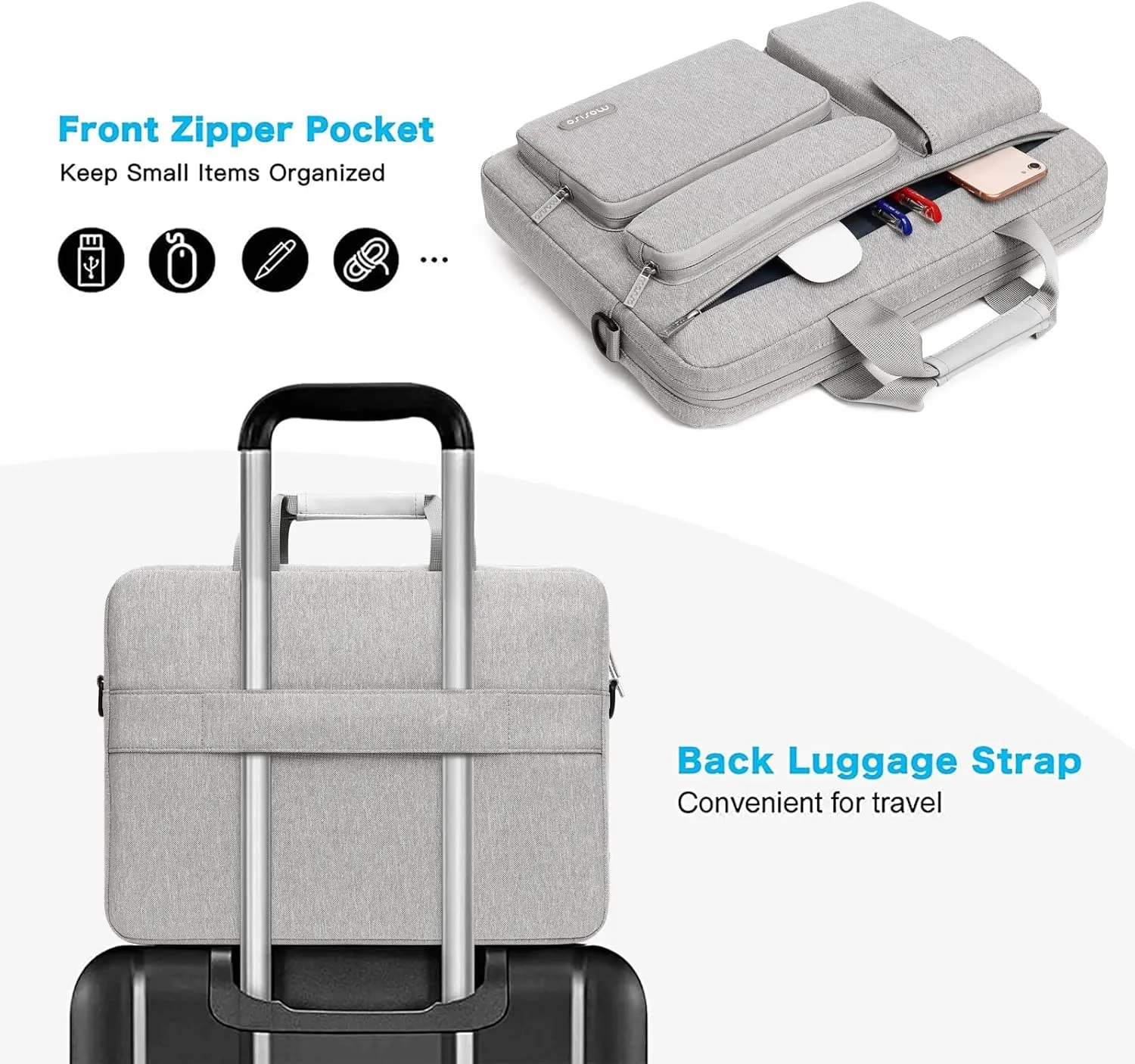 MOSISO Laptop Shoulder Bag Compatible with MacBook Air 15 M4 M3 M2/Pro 16 inch M4 M3 M2 M1,15-15.6 inch Notebook with 2 Raised&1 Flapover&1 Horizontal Pocket&Handle&Belt, Gray