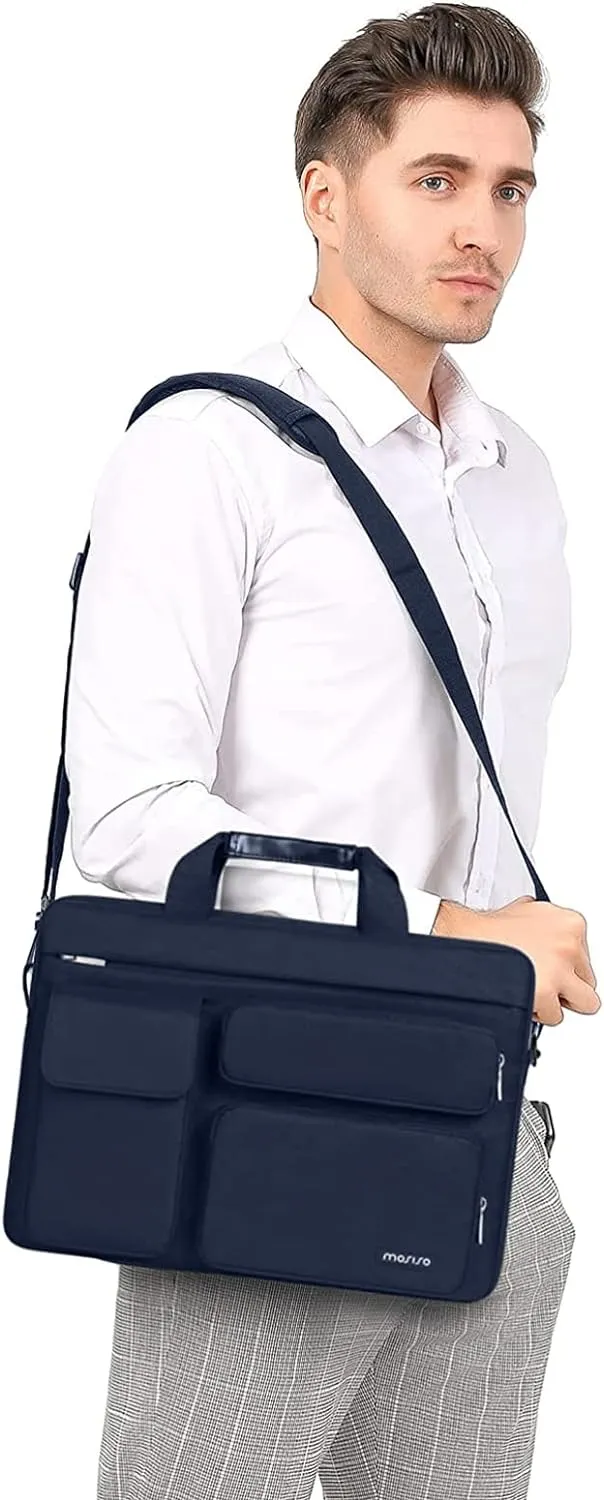 MOSISO Laptop Shoulder Bag Compatible with MacBook Air 15 M4 M3 M2/Pro 16 inch M4 M3 M2 M1,15-15.6 inch Notebook with 2 Raised&1 Flapover&1 Horizontal Pocket&Handle&Belt, Navy Blue