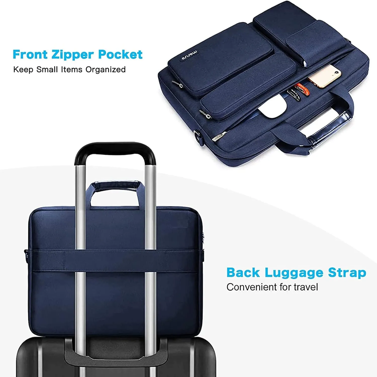 MOSISO Laptop Shoulder Bag Compatible with MacBook Air 15 M4 M3 M2/Pro 16 inch M4 M3 M2 M1,15-15.6 inch Notebook with 2 Raised&1 Flapover&1 Horizontal Pocket&Handle&Belt, Navy Blue
