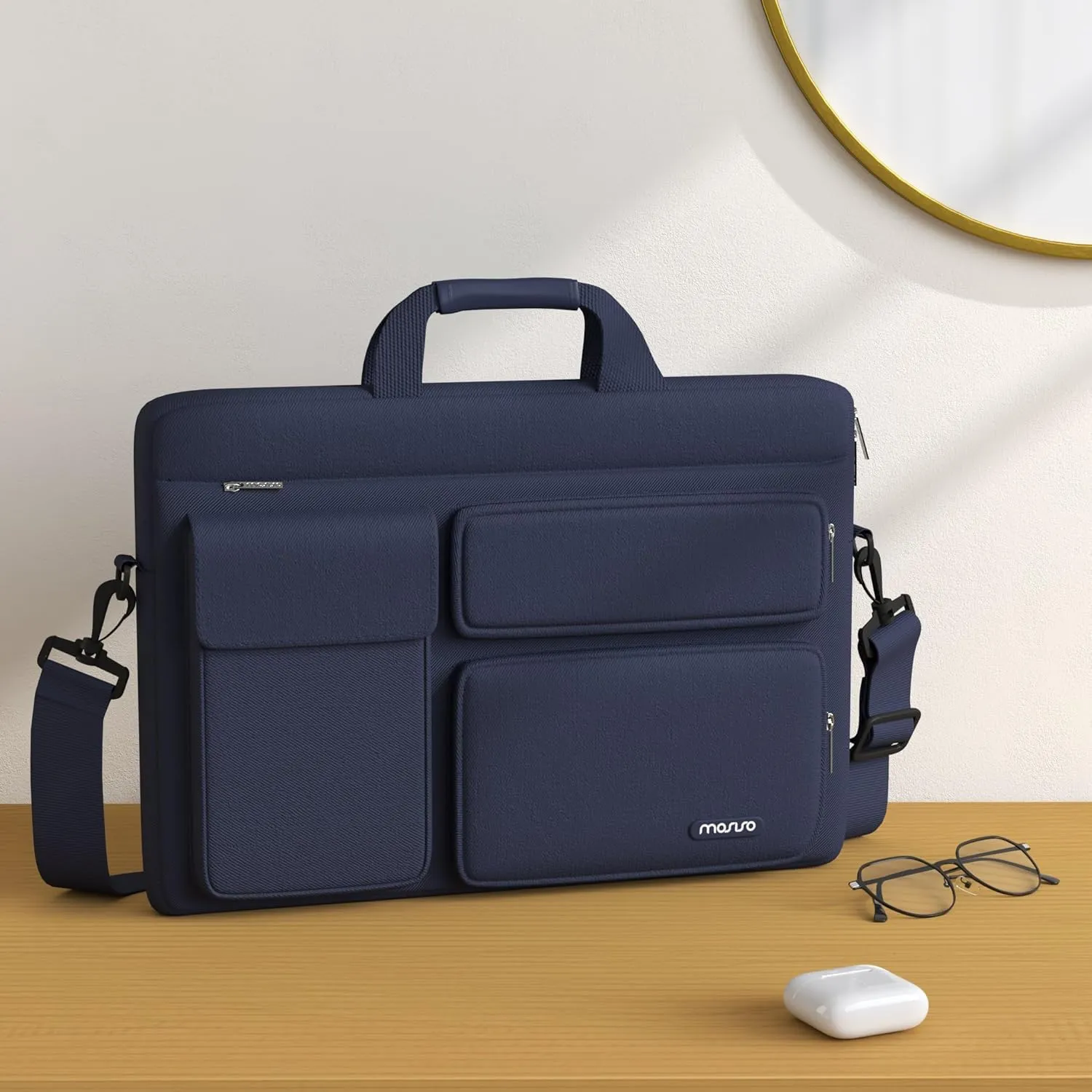 MOSISO Laptop Shoulder Bag Compatible with MacBook Air 15 M4 M3 M2/Pro 16 inch M4 M3 M2 M1,15-15.6 inch Notebook with 2 Raised&1 Flapover&1 Horizontal Pocket&Handle&Belt, Navy Blue