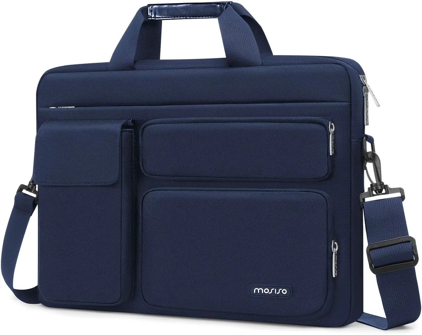 MOSISO Laptop Shoulder Bag Compatible with MacBook Air 15 M4 M3 M2/Pro 16 inch M4 M3 M2 M1,15-15.6 inch Notebook with 2 Raised&1 Flapover&1 Horizontal Pocket&Handle&Belt, Navy Blue