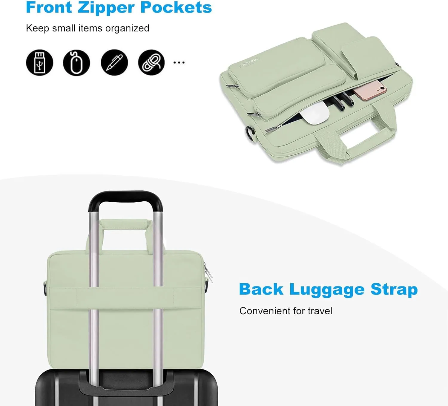 MOSISO Laptop Shoulder Bag Compatible with MacBook Air 15 M4 M3 M2/Pro 16 inch M4 M3 M2 M1,15-15.6 inch Notebook with 2 Raised&1 Flapover&1 Horizontal Pocket&Handle&Belt, Sage Green