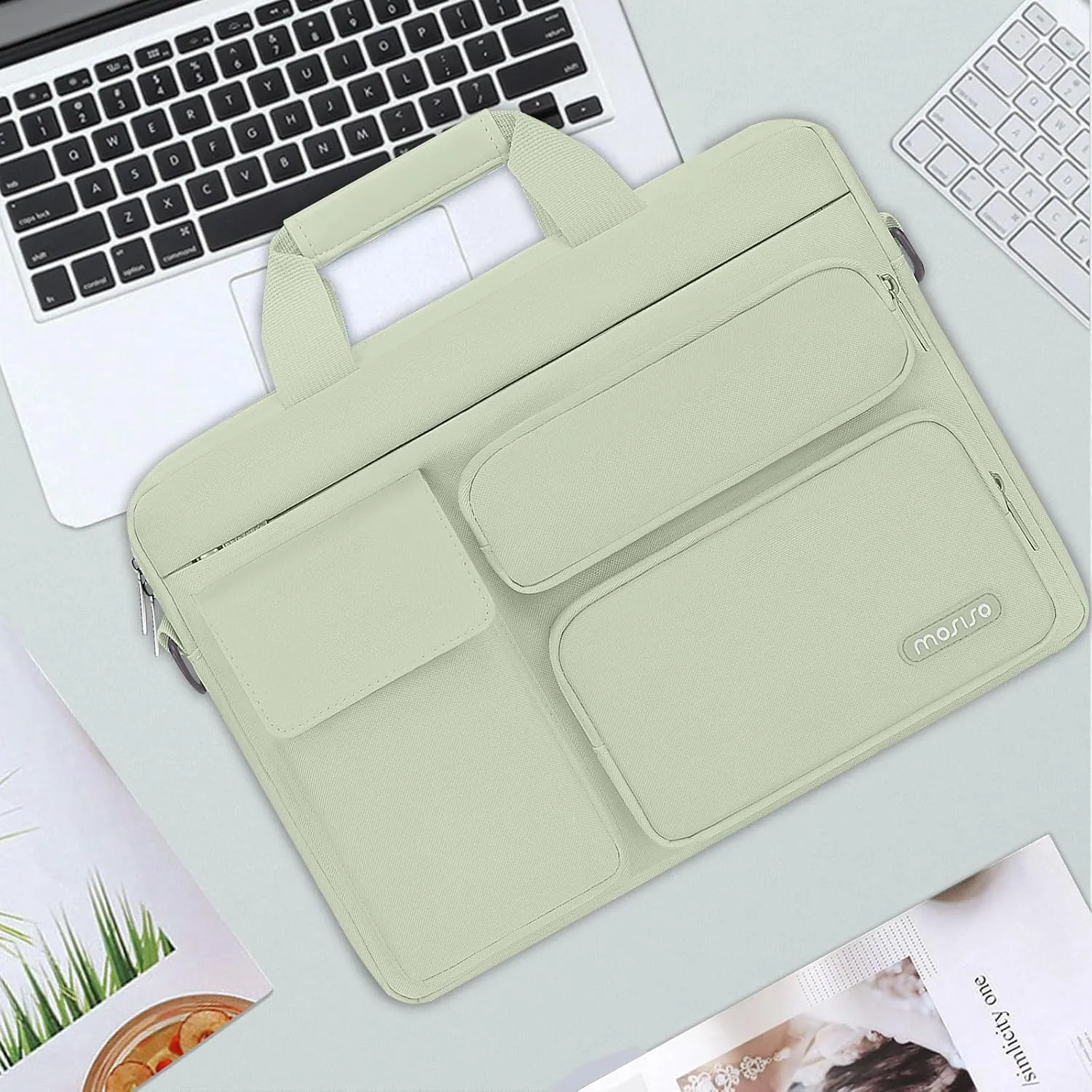 MOSISO Laptop Shoulder Bag Compatible with MacBook Air 15 M4 M3 M2/Pro 16 inch M4 M3 M2 M1,15-15.6 inch Notebook with 2 Raised&1 Flapover&1 Horizontal Pocket&Handle&Belt, Sage Green