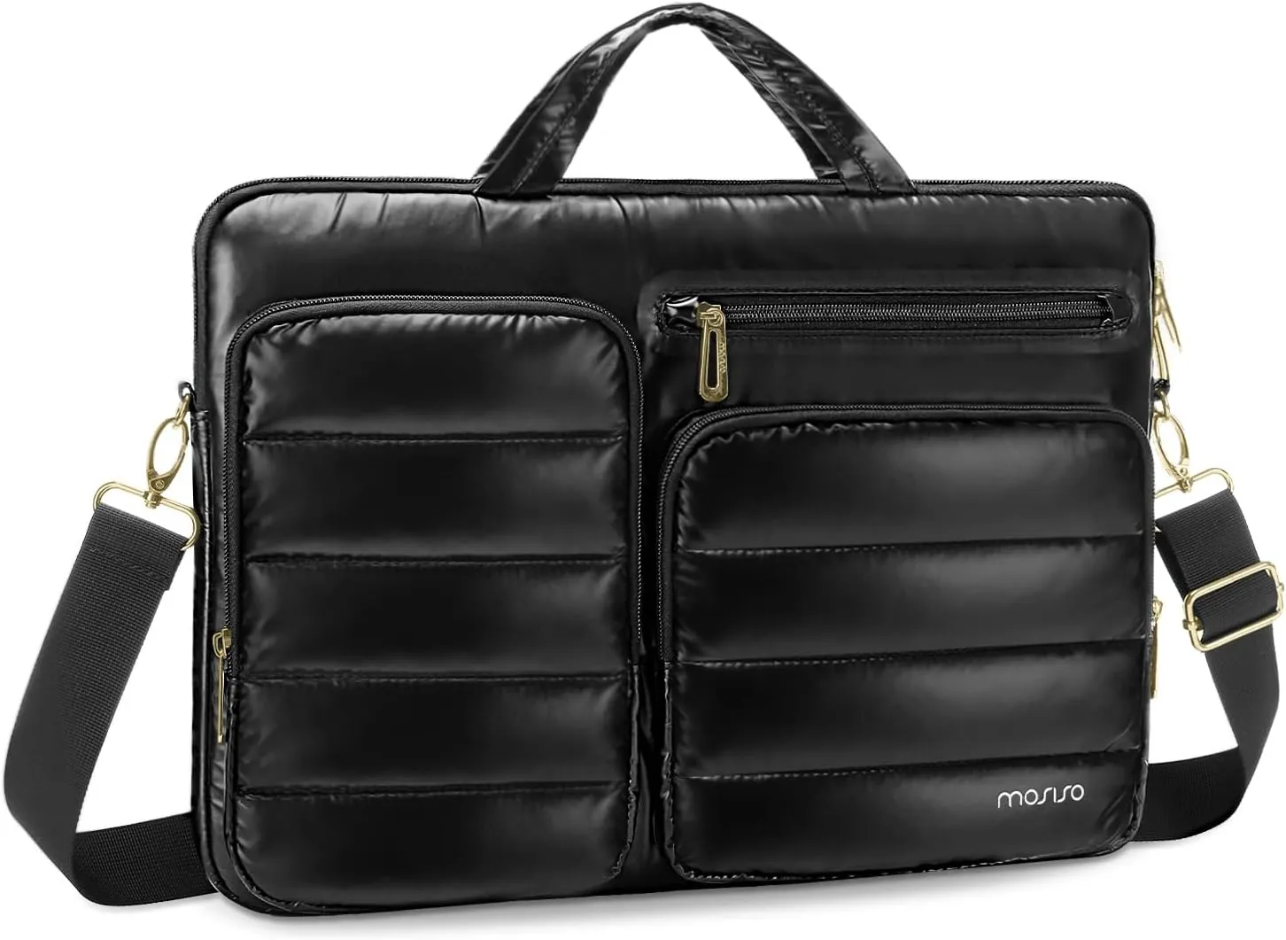 MOSISO Laptop Shoulder Bag,15-15.6 inch Computer Bag Compatible with MacBook Pro 16 inch, HP, Dell, Lenovo, Asus Notebook,Shiny Sleeve with Horizontal & 2 Raised Pockets & Handle & Belt, Black