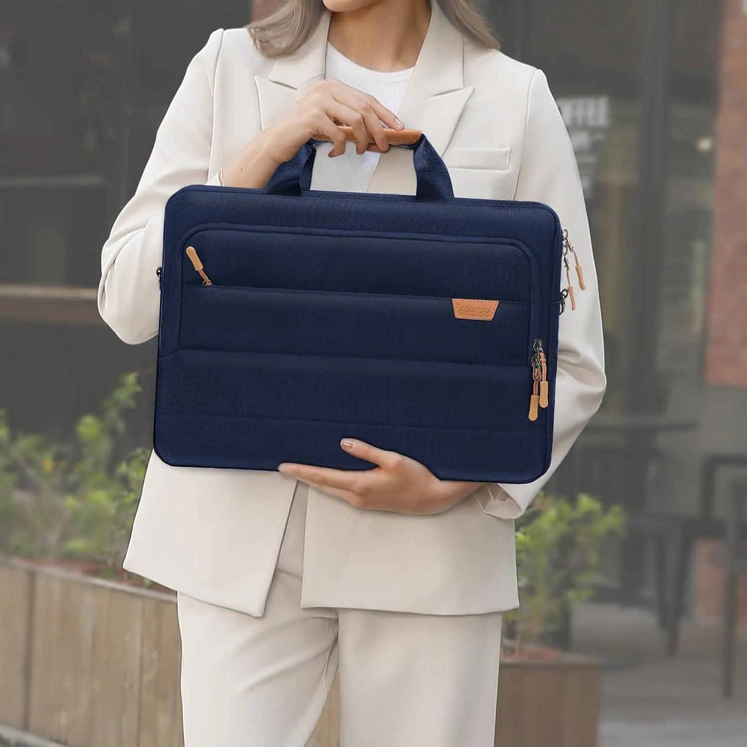 MOSISO Laptop Shoulder Messenger Bag, 15-15.6 inch Computer Bag Compatible with MacBook Pro 16 inch, HP, Dell, Lenovo, Asus Notebook, Briefcase with Front Rectangle&Horizontal Pockets&Belt, Navy Blue