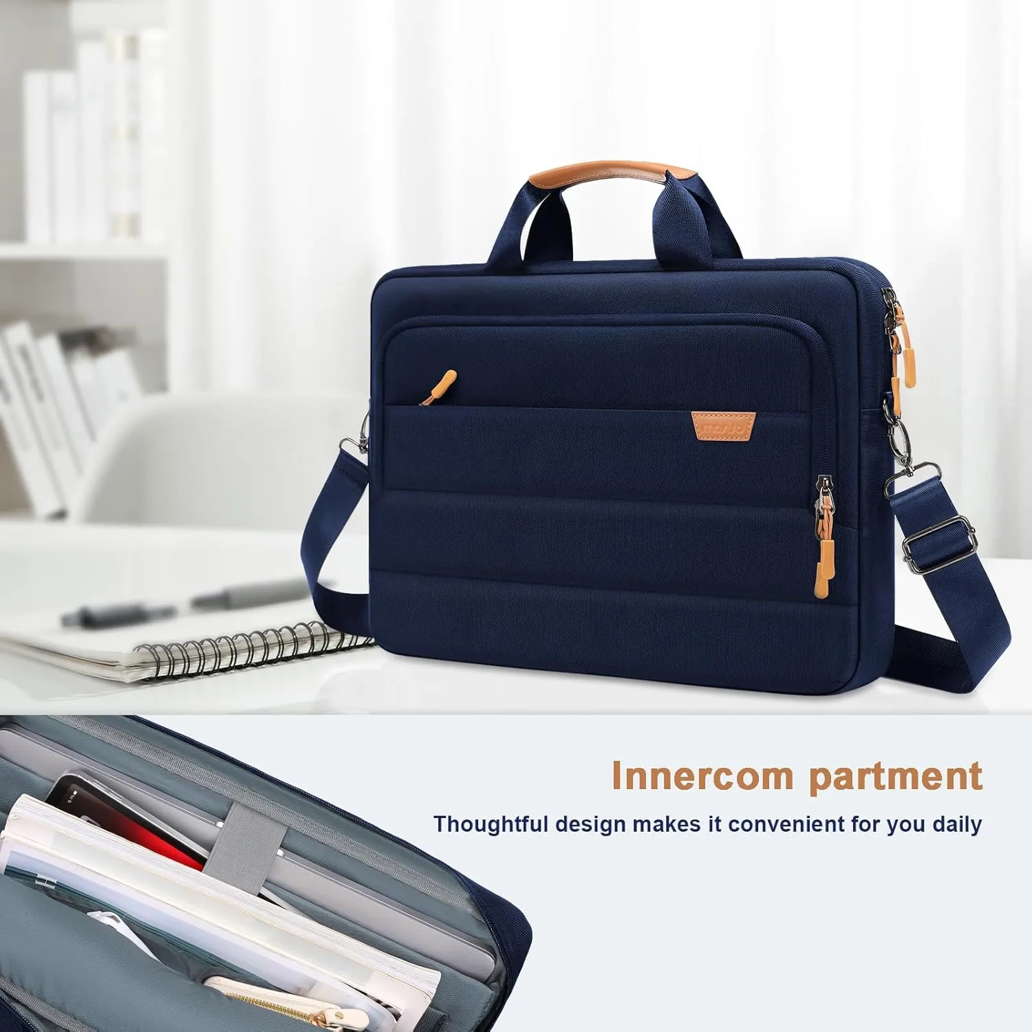 MOSISO Laptop Shoulder Messenger Bag, 15-15.6 inch Computer Bag Compatible with MacBook Pro 16 inch, HP, Dell, Lenovo, Asus Notebook, Briefcase with Front Rectangle&Horizontal Pockets&Belt, Navy Blue