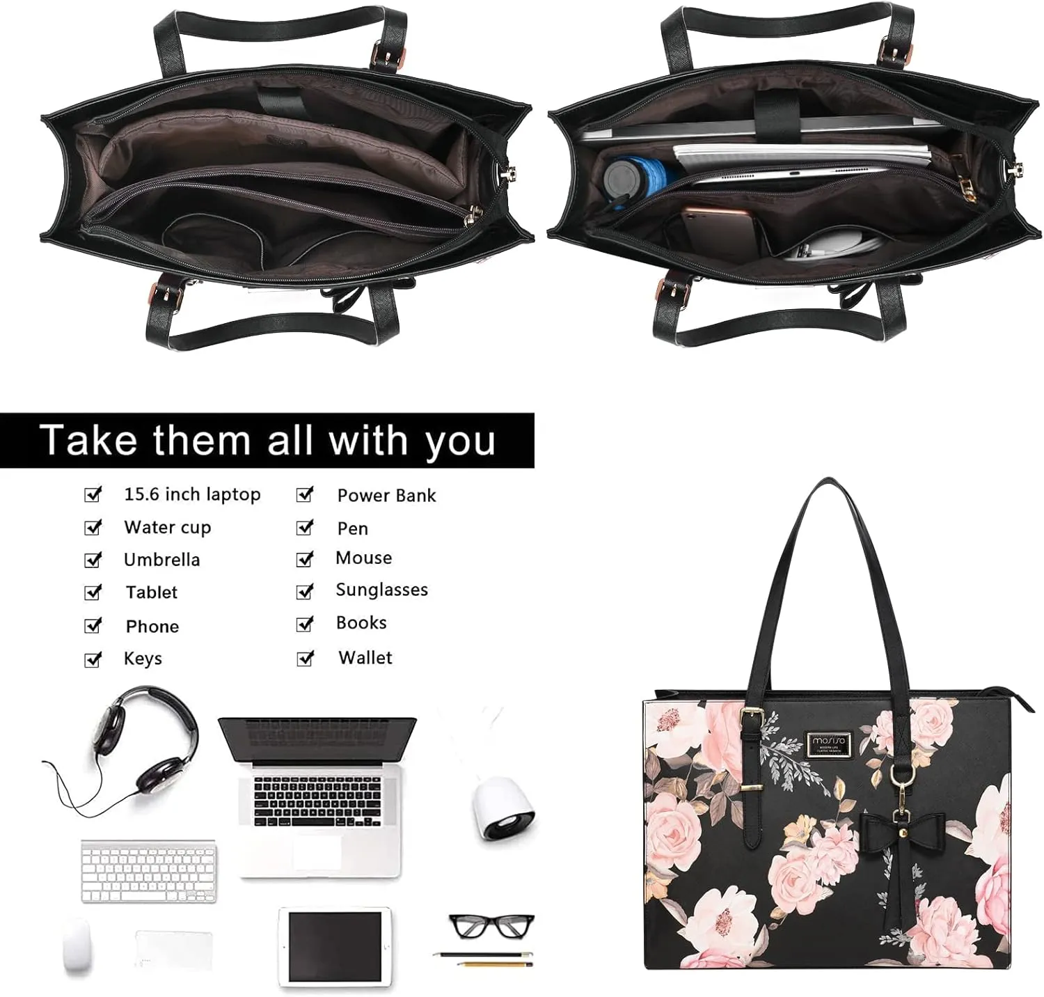 MOSISO Laptop Tote Bag Compatible with MacBook Air 15 inch M2 A2941/Pro 16 M3 M2 M1, 15-15.6 inch Notebook, Peony PU Leather Travel Work Briefcase with Detachable Bowknot & Small Purse, Black