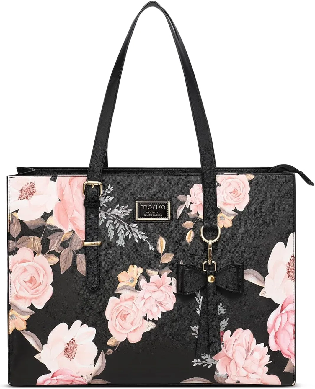 MOSISO Laptop Tote Bag Compatible with MacBook Air 15 inch M2 A2941/Pro 16 M3 M2 M1, 15-15.6 inch Notebook, Peony PU Leather Travel Work Briefcase with Detachable Bowknot & Small Purse, Black