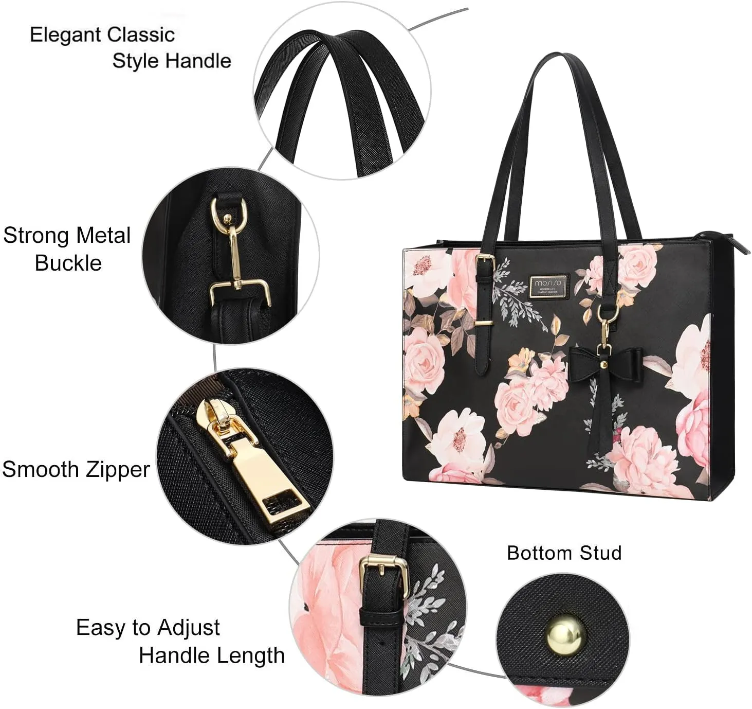 MOSISO Laptop Tote Bag Compatible with MacBook Air 15 inch M2 A2941/Pro 16 M3 M2 M1, 15-15.6 inch Notebook, Peony PU Leather Travel Work Briefcase with Detachable Bowknot & Small Purse, Black