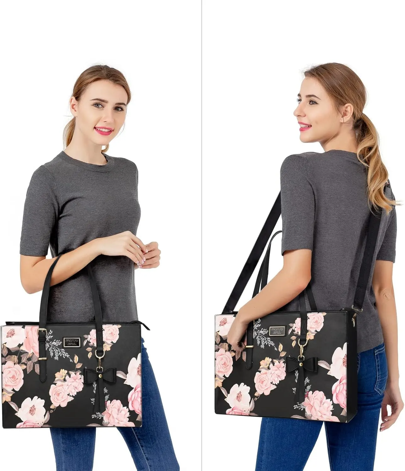 MOSISO Laptop Tote Bag Compatible with MacBook Air 15 inch M2 A2941/Pro 16 M3 M2 M1, 15-15.6 inch Notebook, Peony PU Leather Travel Work Briefcase with Detachable Bowknot & Small Purse, Black