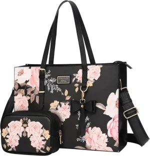 MOSISO Laptop Tote Bag Compatible with MacBook Air 15 inch M2 A2941/Pro 16 M3 M2 M1, 15-15.6 inch Notebook, Peony PU Leather Travel Work Briefcase with Detachable Bowknot & Small Purse, Black