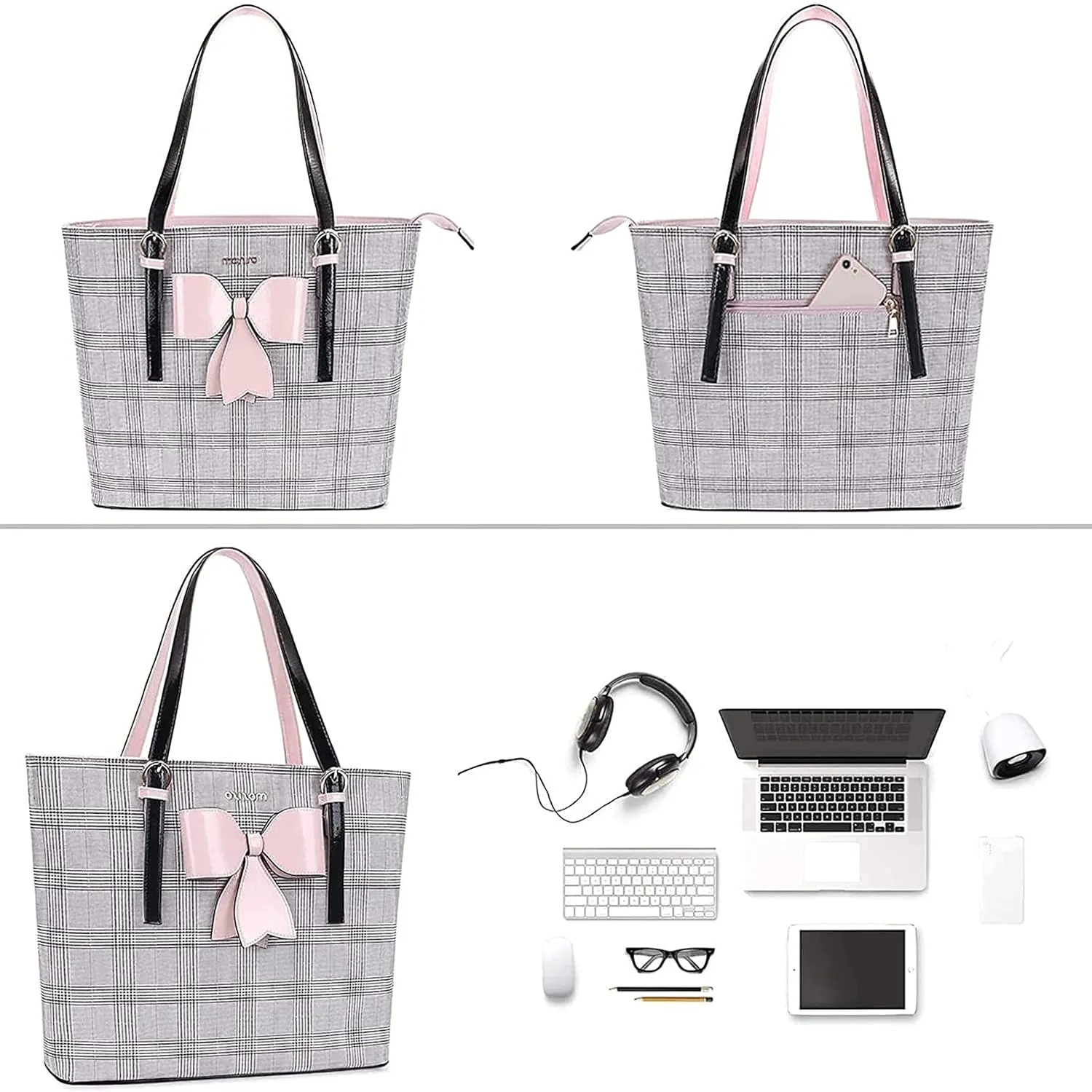 MOSISO Laptop Tote Bag Compatible with MacBook Pro 14 inch M4 M3 M2 M1,Compatible with MacBook Air/Pro,13-13.3 inch Notebook, PU Leather Large Capacity Work Bag Travel Handbag with Grid MO-GID002LTBR