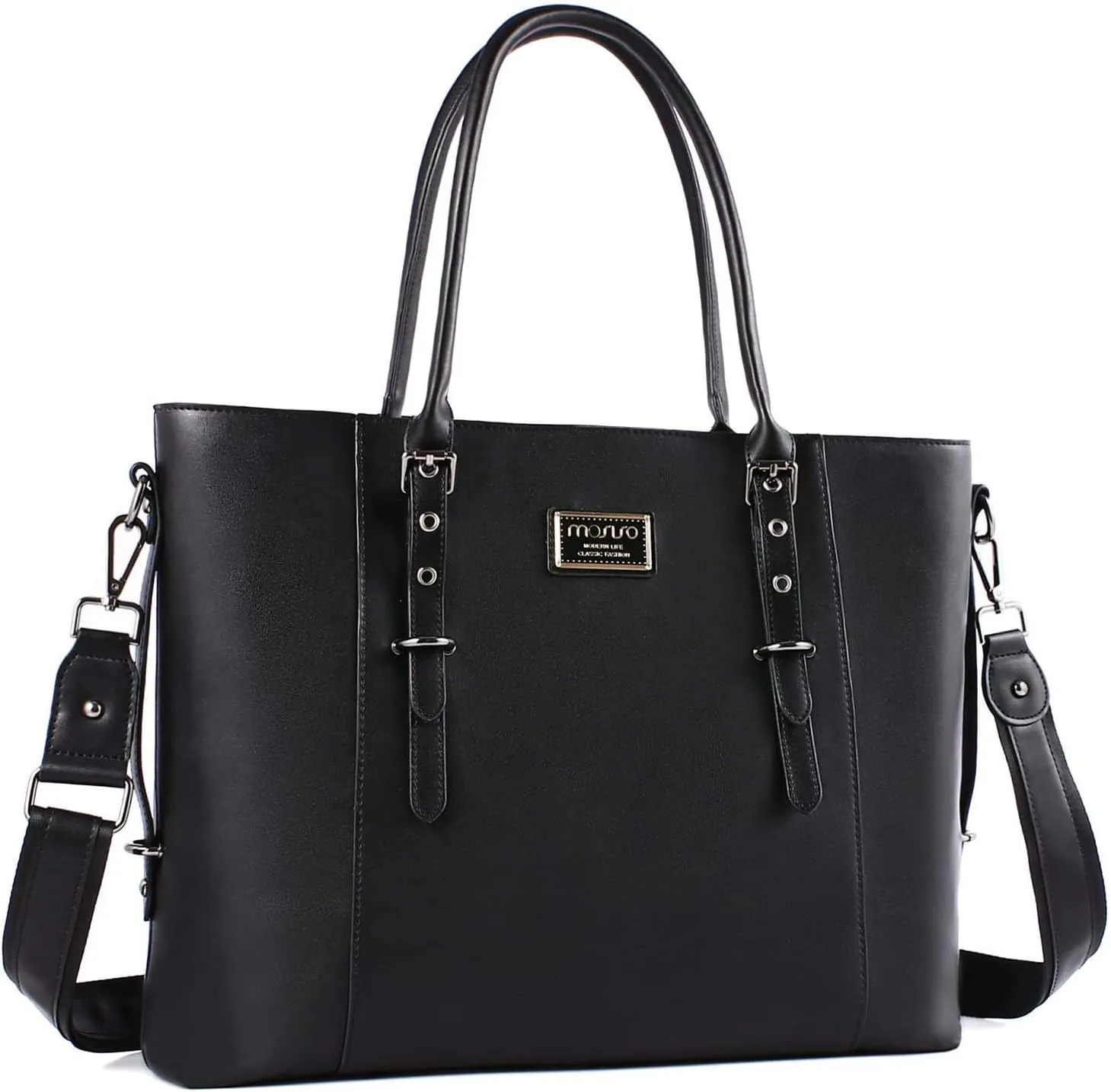 MOSISO PU Leather Laptop Tote Bag for Women (13-13.3 inch), Waterproof Large Capacity Business Work Briefcase Shoulder Laptop Bag, Black