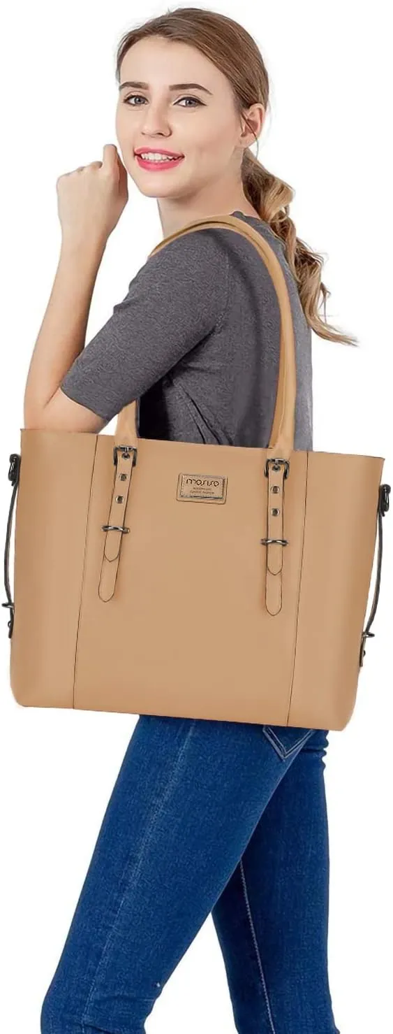 MOSISO PU Leather Laptop Tote Bag for Women (15-16 inch), Waterproof Large Capacity Business Work Briefcase Shoulder Laptop Bag, Apricot