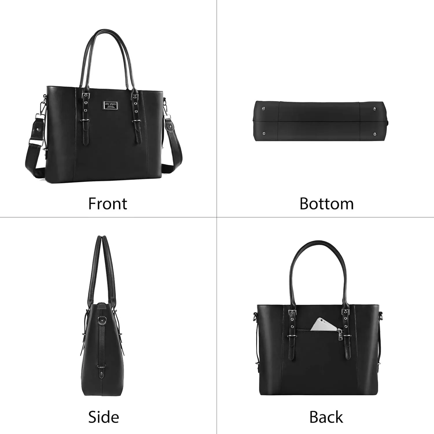 MOSISO PU Leather Laptop Tote Bag for Women (15-16 inch), Waterproof Large Capacity Business Work Briefcase Shoulder Laptop Bag, Black