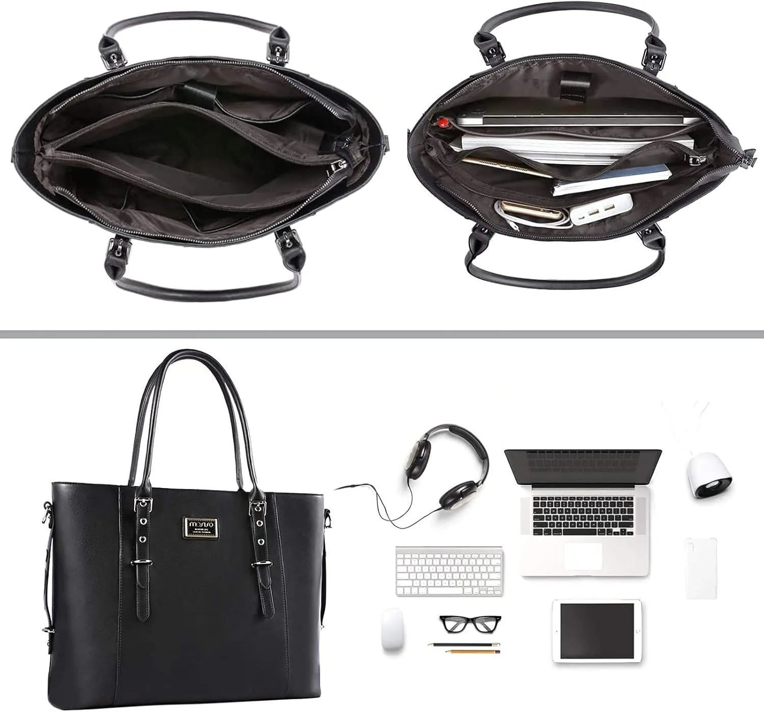 MOSISO PU Leather Laptop Tote Bag for Women (15-16 inch), Waterproof Large Capacity Business Work Briefcase Shoulder Laptop Bag, Black