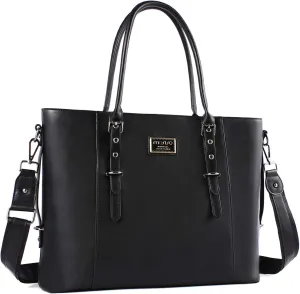 MOSISO PU Leather Laptop Tote Bag for Women (15-16 inch), Waterproof Large Capacity Business Work Briefcase Shoulder Laptop Bag, Black