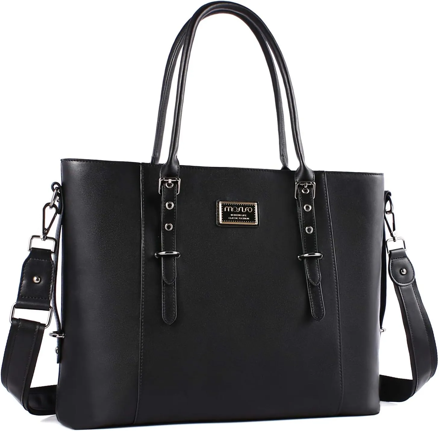 MOSISO PU Leather Laptop Tote Bag for Women (15-16 inch), Waterproof Large Capacity Business Work Briefcase Shoulder Laptop Bag, Black