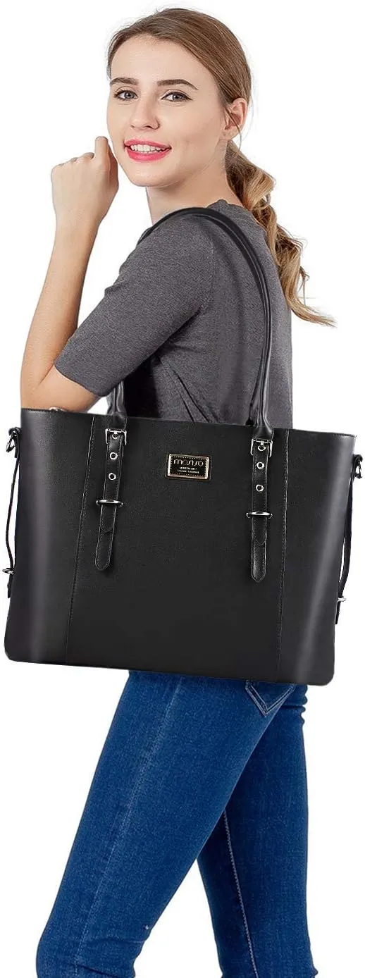 MOSISO PU Leather Laptop Tote Bag for Women (15-16 inch), Waterproof Large Capacity Business Work Briefcase Shoulder Laptop Bag, Black