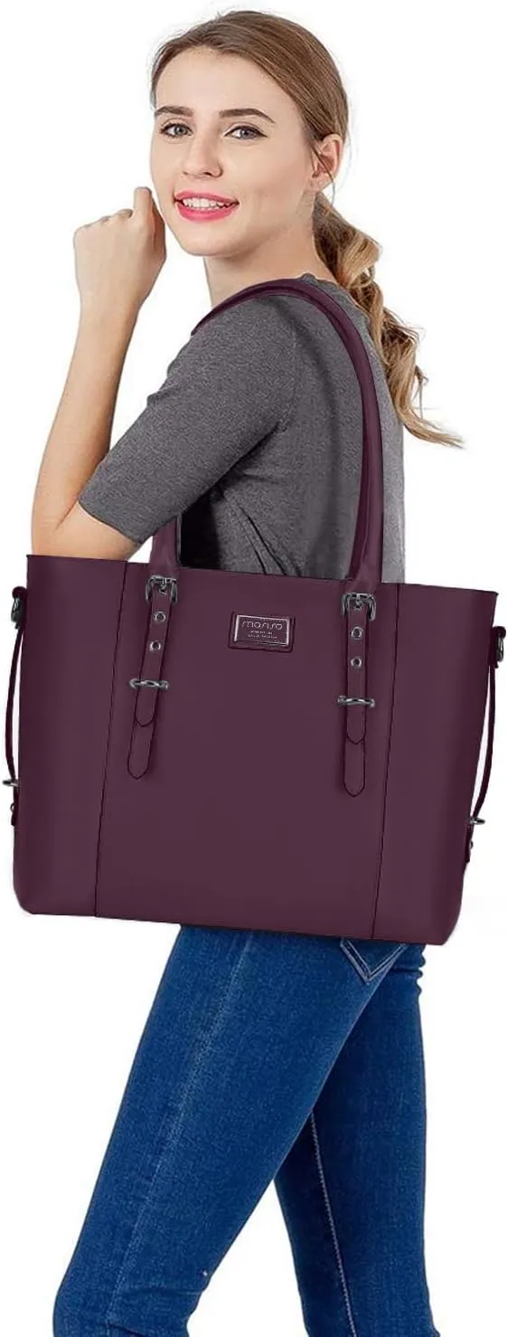 MOSISO PU Leather Laptop Tote Bag for Women (15-16 inch), Waterproof Large Capacity Business Work Briefcase Shoulder Laptop Bag, Plum