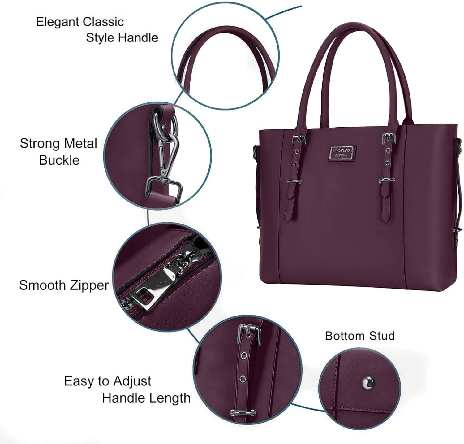 MOSISO PU Leather Laptop Tote Bag for Women (15-16 inch), Waterproof Large Capacity Business Work Briefcase Shoulder Laptop Bag, Plum