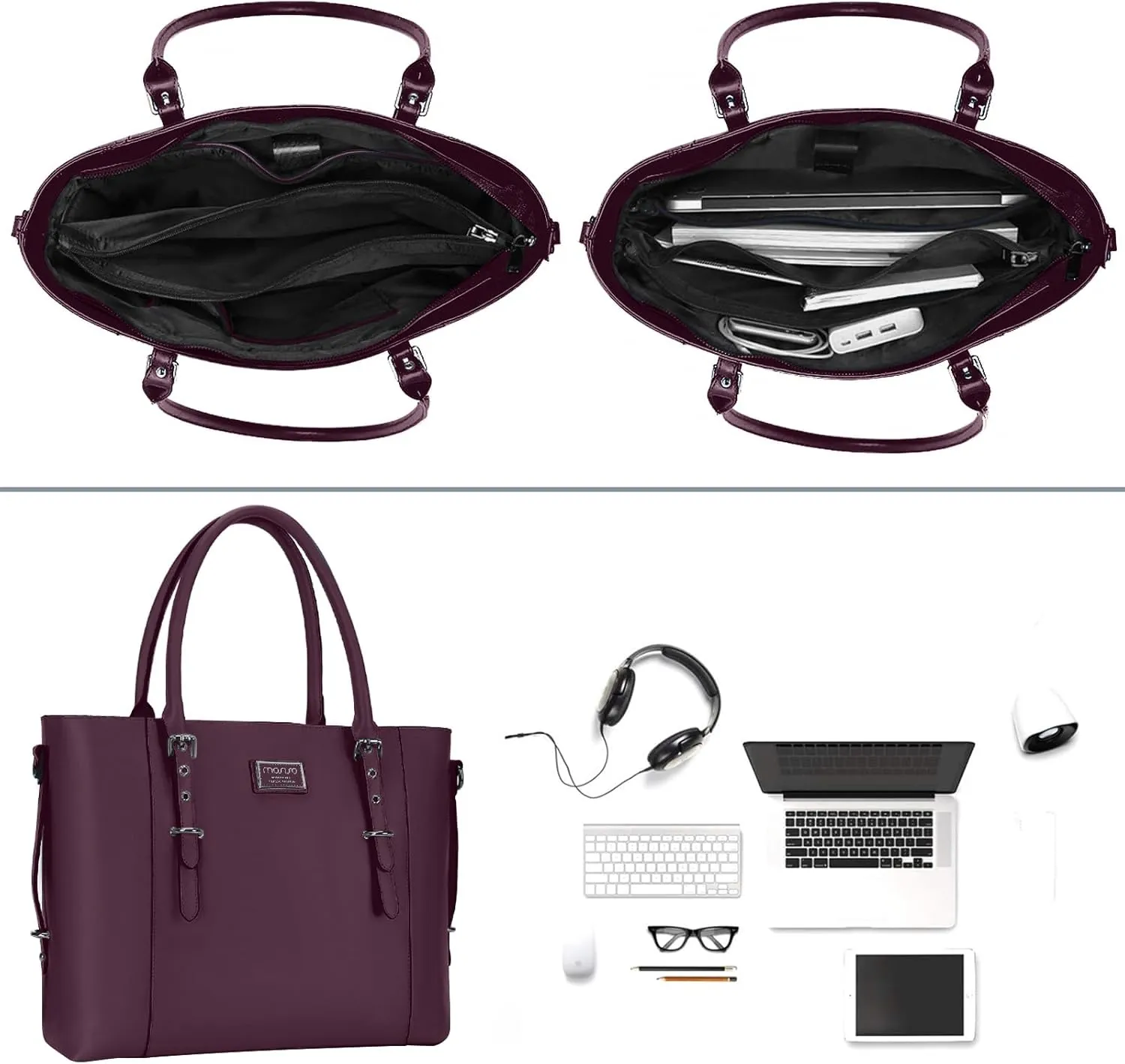 MOSISO PU Leather Laptop Tote Bag for Women (15-16 inch), Waterproof Large Capacity Business Work Briefcase Shoulder Laptop Bag, Plum