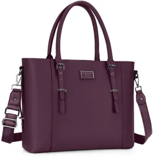 MOSISO PU Leather Laptop Tote Bag for Women (15-16 inch), Waterproof Large Capacity Business Work Briefcase Shoulder Laptop Bag, Plum