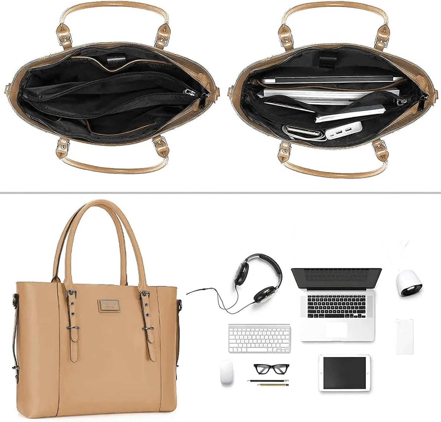 MOSISO PU Leather Laptop Tote Bag for Women (17-17.3 inch), Waterproof Large Capacity Business Work Briefcase Shoulder Laptop Bag, Apricot