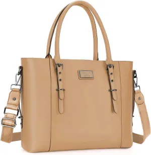 MOSISO PU Leather Laptop Tote Bag for Women (17-17.3 inch), Waterproof Large Capacity Business Work Briefcase Shoulder Laptop Bag, Apricot