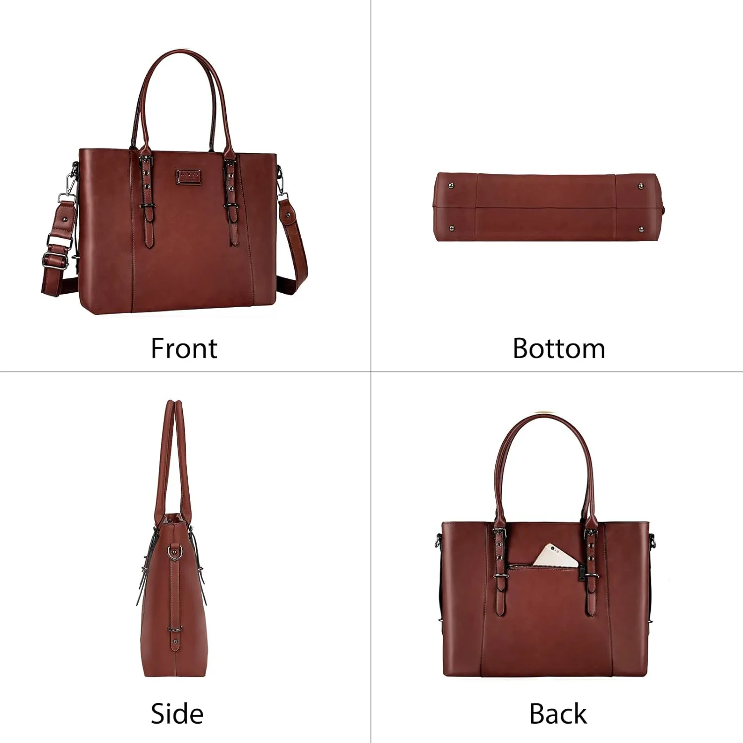 MOSISO PU Leather Laptop Tote Bag for Women (17-17.3 inch), Waterproof Large Capacity Business Work Briefcase Shoulder Laptop Bag, Brown